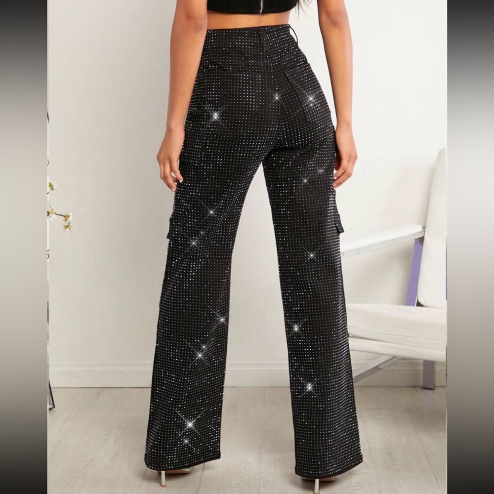 SHEIN Mid Waist Black Rhinestone Straight Leg Casual Cargo Jeans - Picture 4 of 7